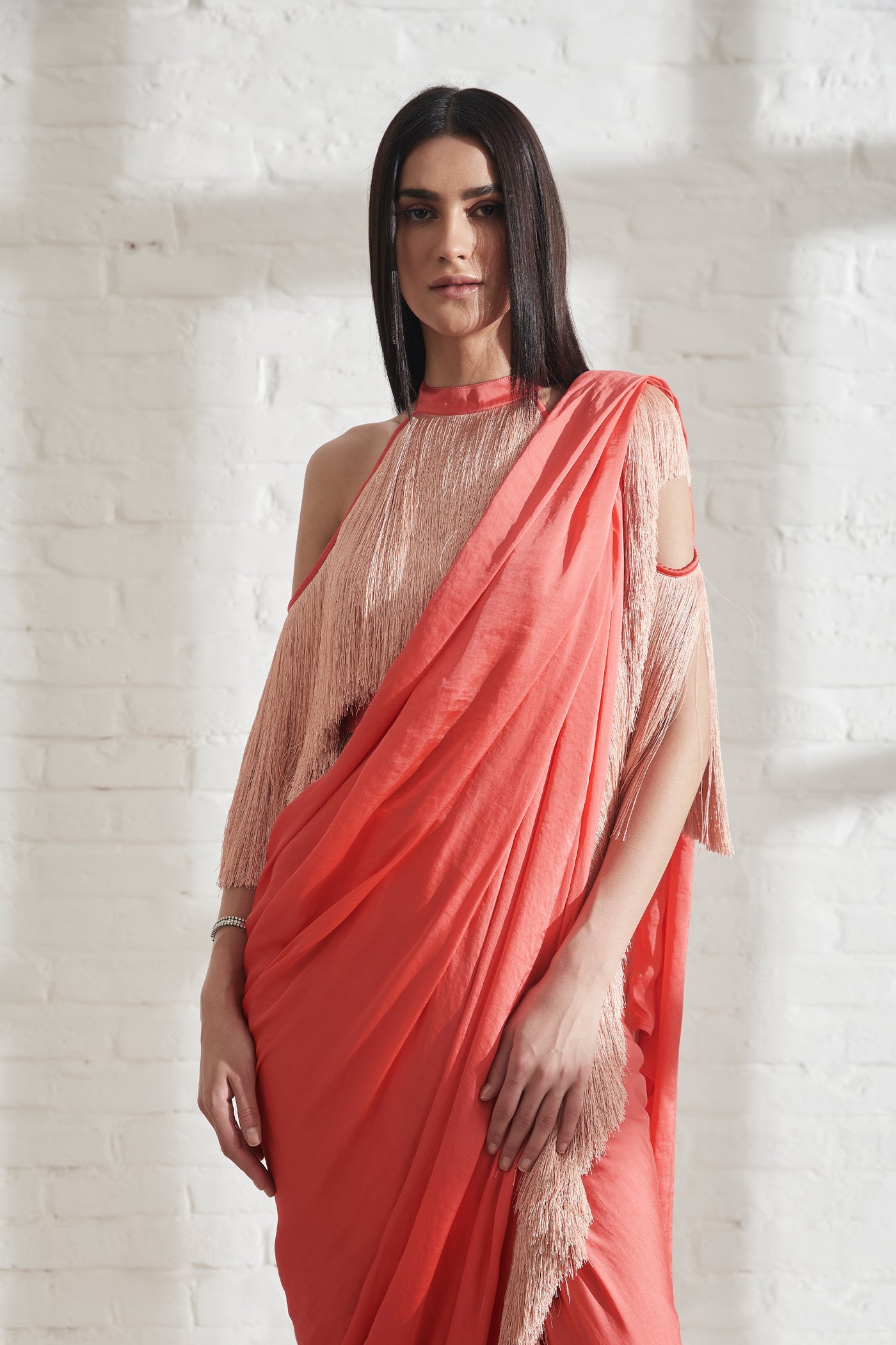 431-88 by Shweta Kapur Noor Fringe Sari With Halter Fringe Top Blush With Peach indian designer wear online shopping melange singapore