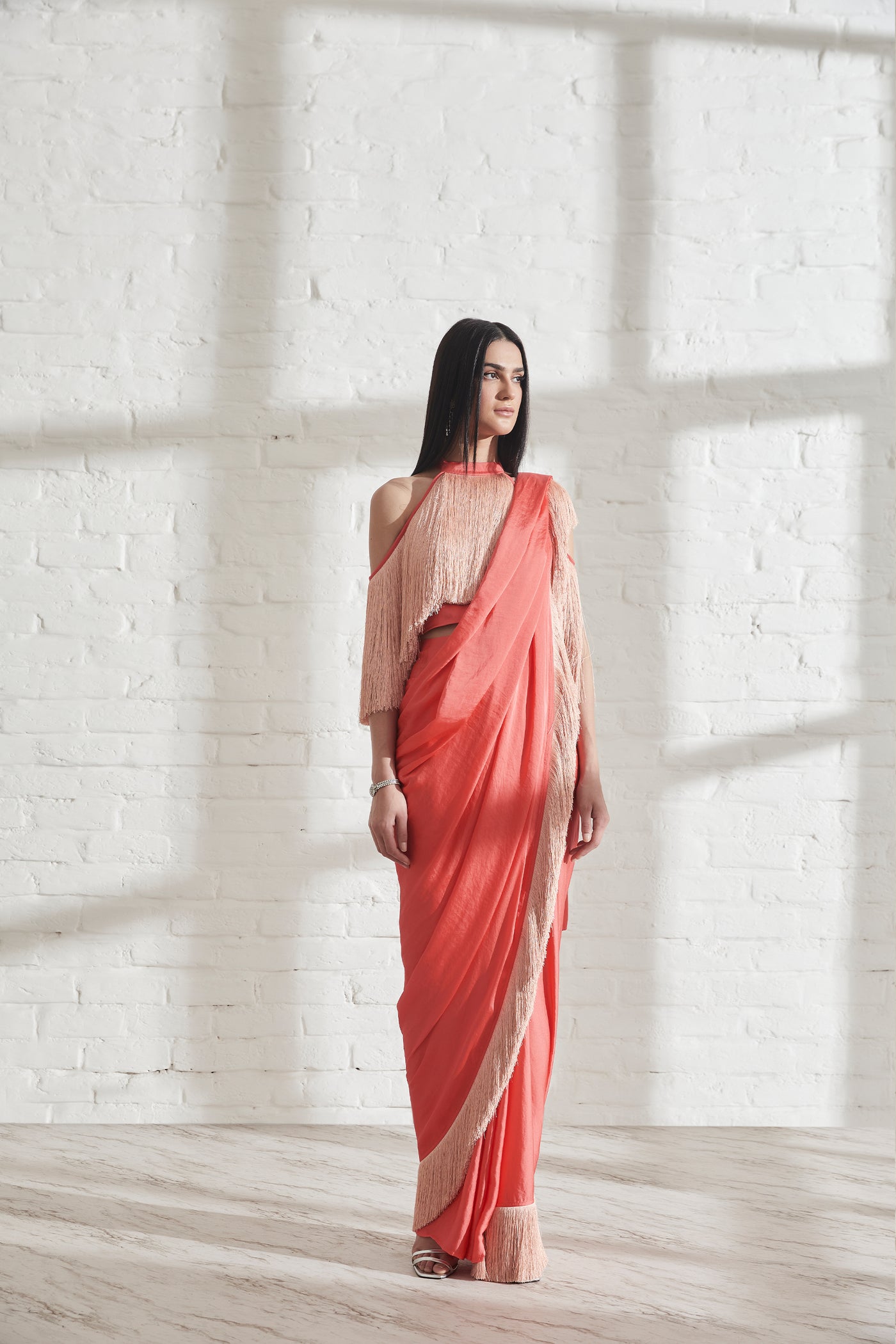 431-88 by Shweta Kapur Noor Fringe Sari With Halter Fringe Top Blush With Peach indian designer wear online shopping melange singapore