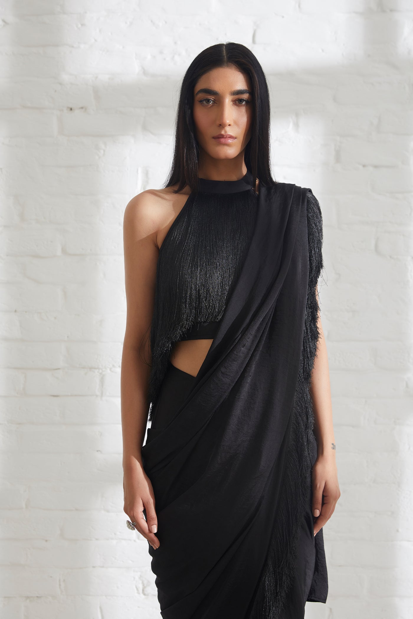 431-88 by Shweta Kapur Noor Fringe Sari With Halter Fringe Top Black indian designer wear online shopping melange singapore