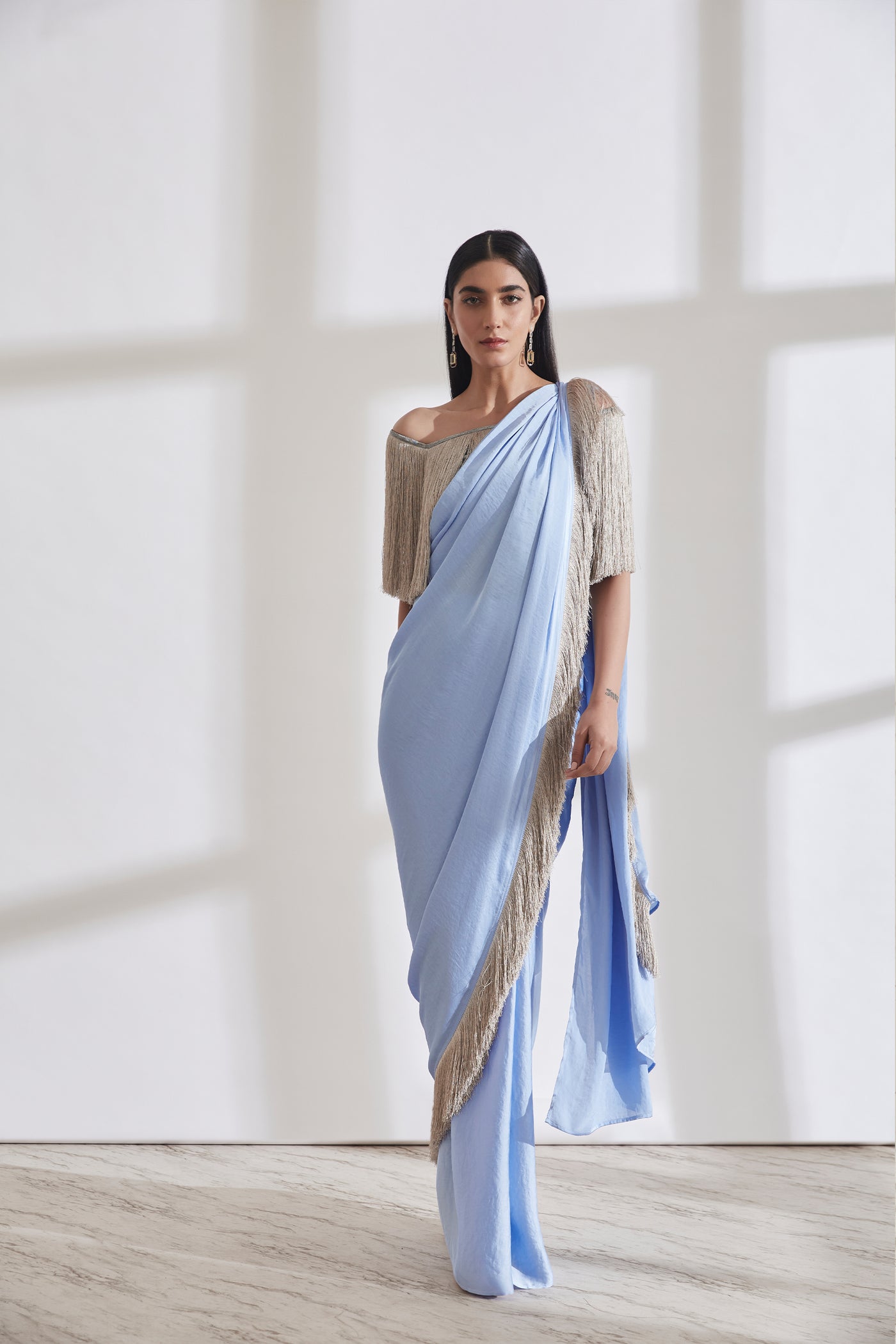 431-88 by Shweta Kapur Noor Fringe Sari With Off Shoulder Fringe Top indian designer wear online shopping melange singapore