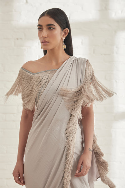 431-88 by Shweta Kapur Noor Fringe Sari With Off Shoulder Fringe Top Grey indian designer wear online shopping melange singapore