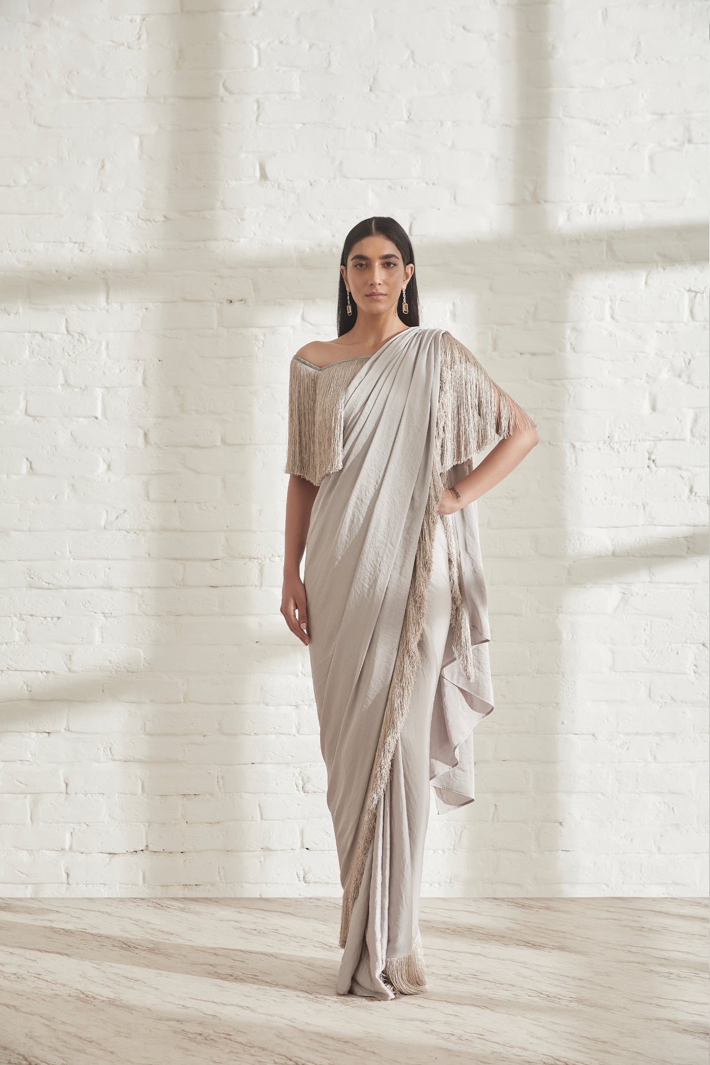 431-88 by Shweta Kapur Noor Fringe Sari With Off Shoulder Fringe Top Grey indian designer wear online shopping melange singapore