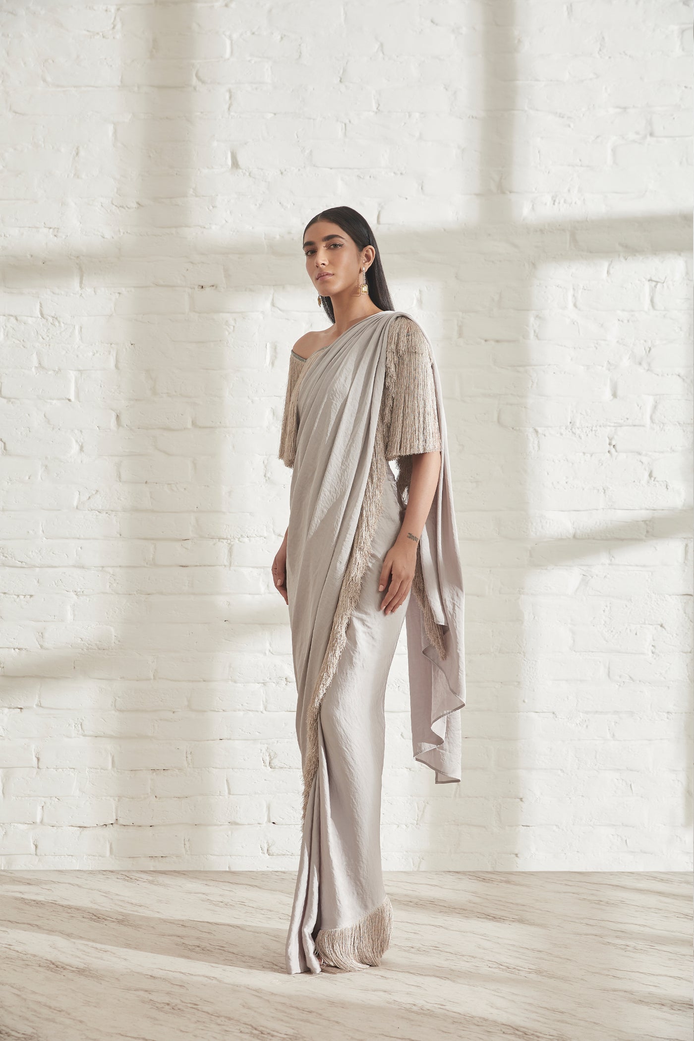 431-88 by Shweta Kapur Noor Fringe Sari With Off Shoulder Fringe Top Grey indian designer wear online shopping melange singapore