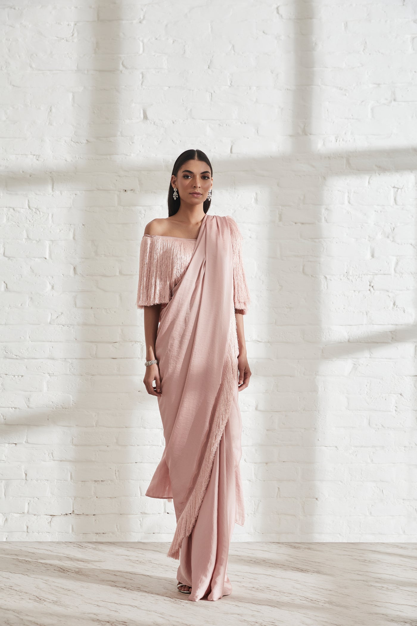 431-88 by Shweta Kapur Noor Fringe Sari With Off Shoulder Fringe Top Pink indian designer wear online shopping melange singapore