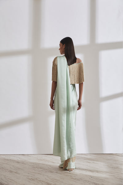 431-88 by Shweta Kapur Noor Fringe Sari With Off Shoulder Fringe Top Sea Green indian designer wear online shopping melange singapore