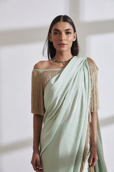 431-88 by Shweta Kapur Noor Fringe Sari With Off Shoulder Fringe Top Sea Green indian designer wear online shopping melange singapore