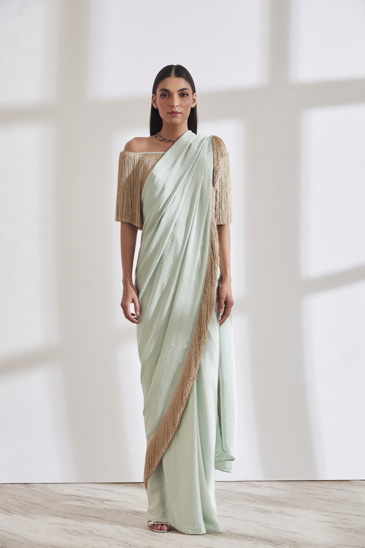 431-88 by Shweta Kapur Noor Fringe Sari With Off Shoulder Fringe Top Sea Green indian designer wear online shopping melange singapore