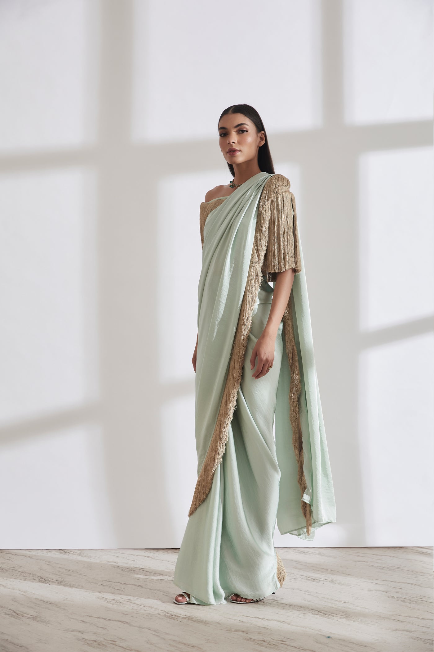 431-88 by Shweta Kapur Noor Fringe Sari With Off Shoulder Fringe Top Sea Green indian designer wear online shopping melange singapore