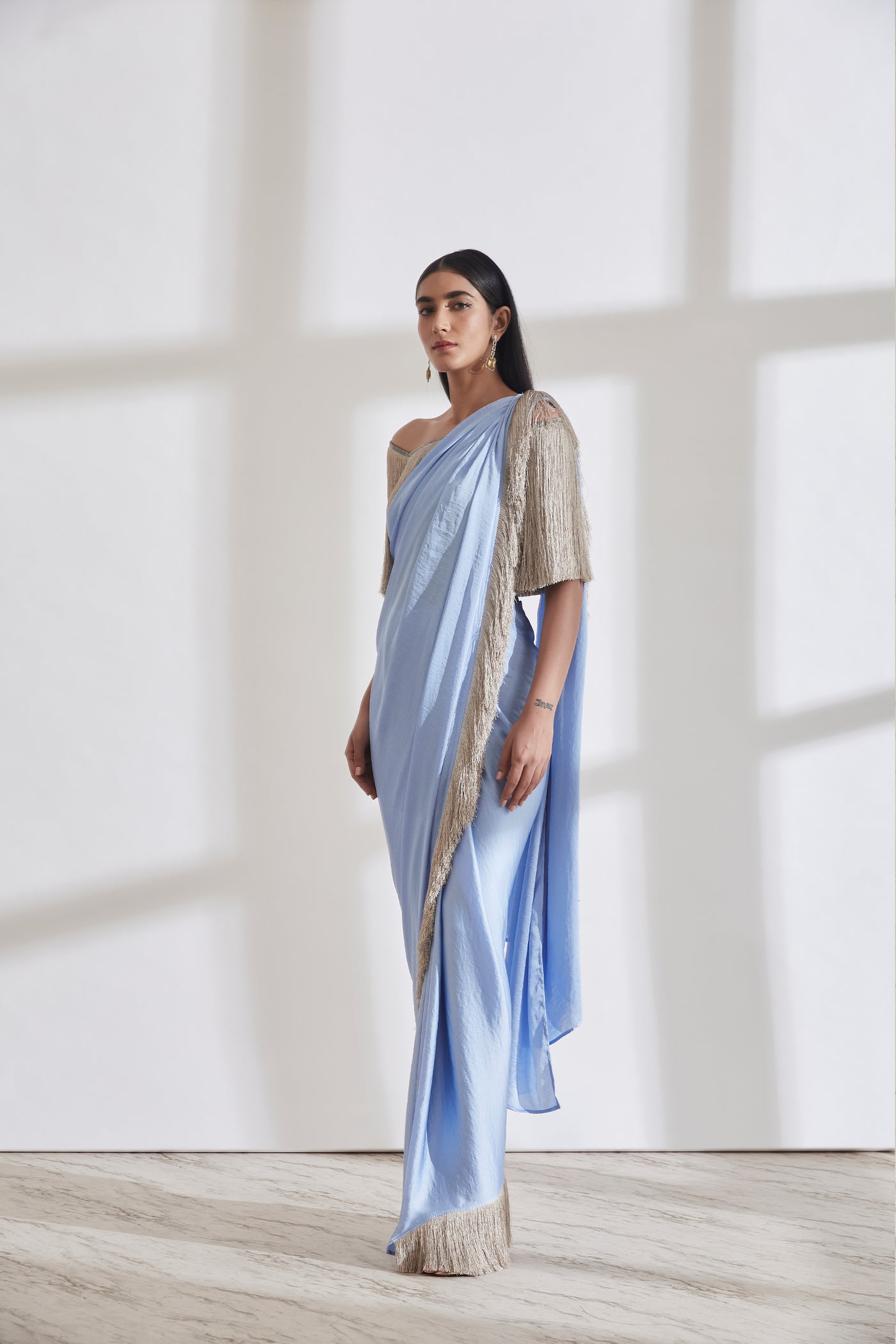 431-88 by Shweta Kapur Noor Fringe Sari With Off Shoulder Fringe Top indian designer wear online shopping melange singapore