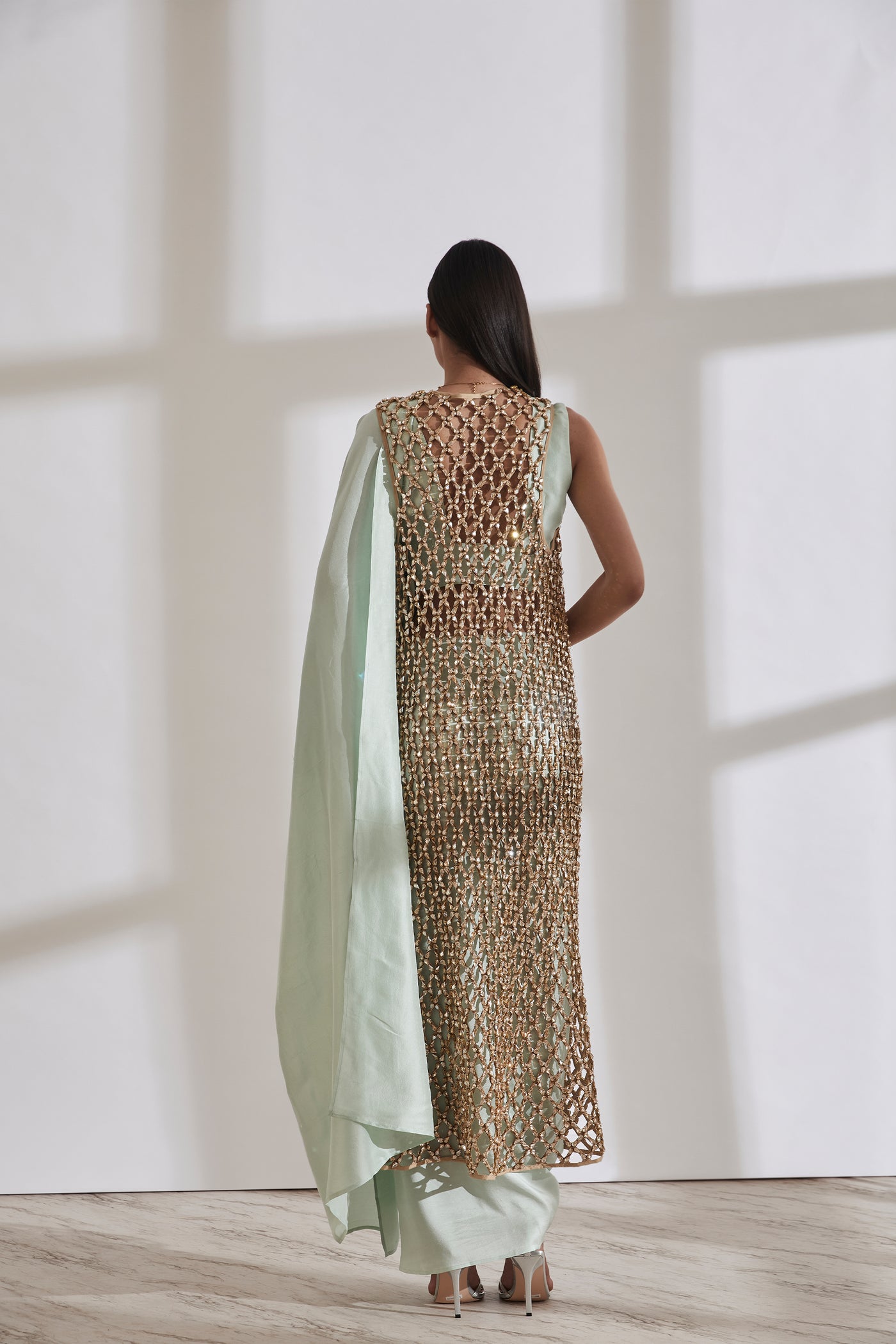 431-88 by Shweta Kapur Masai Godet Sari With Vik Blouse And Honeycomb Jacket indian designer wear online shopping melange singapore