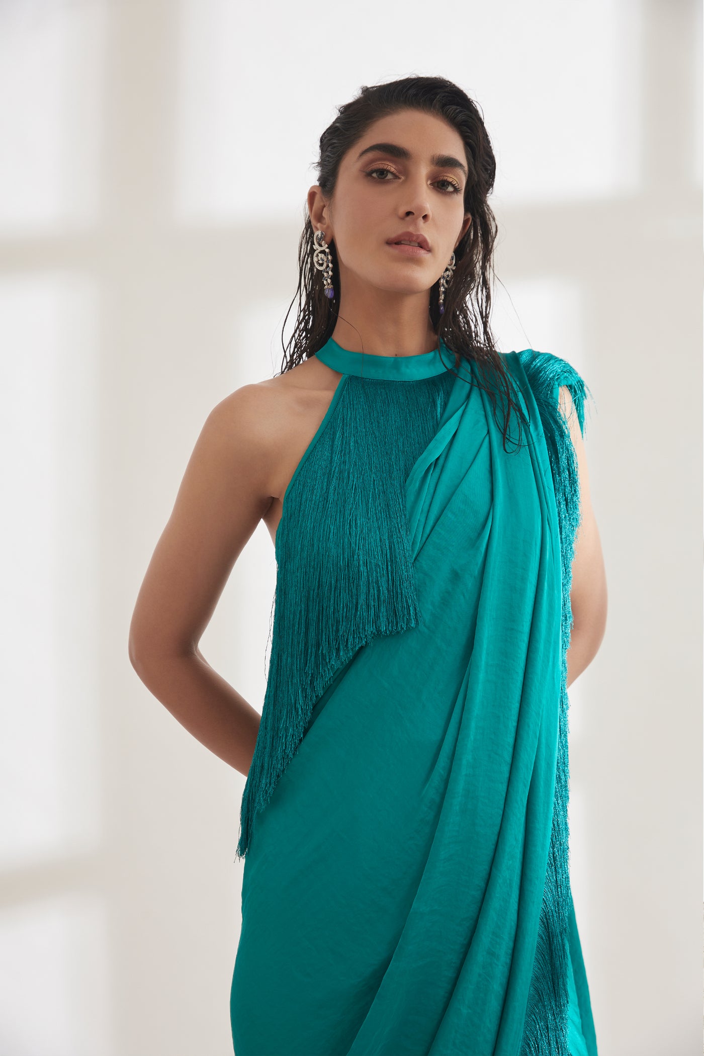 431-88 by Shweta Kapur Noor Fringe Sari with Halter Fringe Top indian designer wear online shopping melange singapore