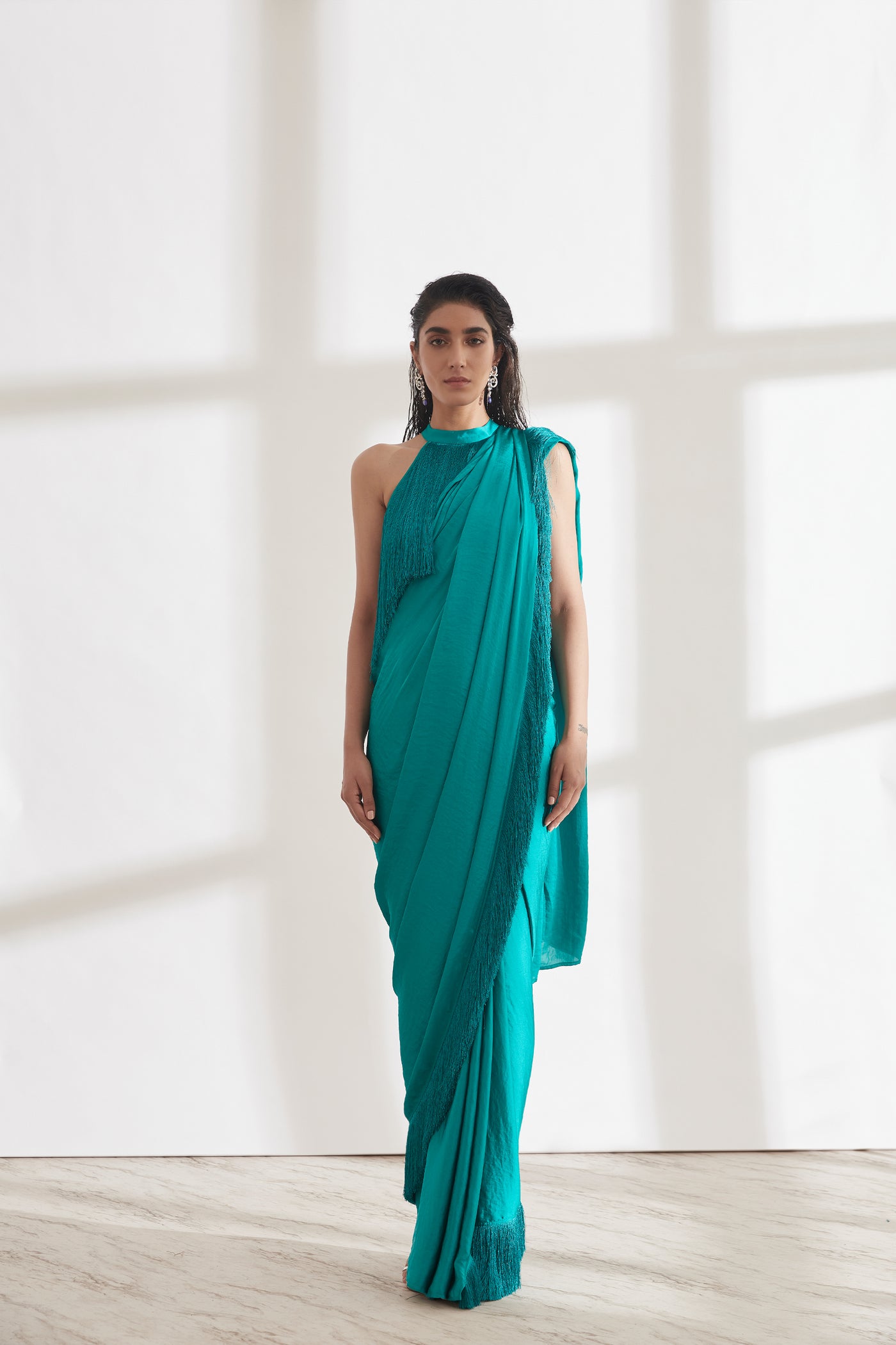 431-88 by Shweta Kapur Noor Fringe Sari with Halter Fringe Top indian designer wear online shopping melange singapore