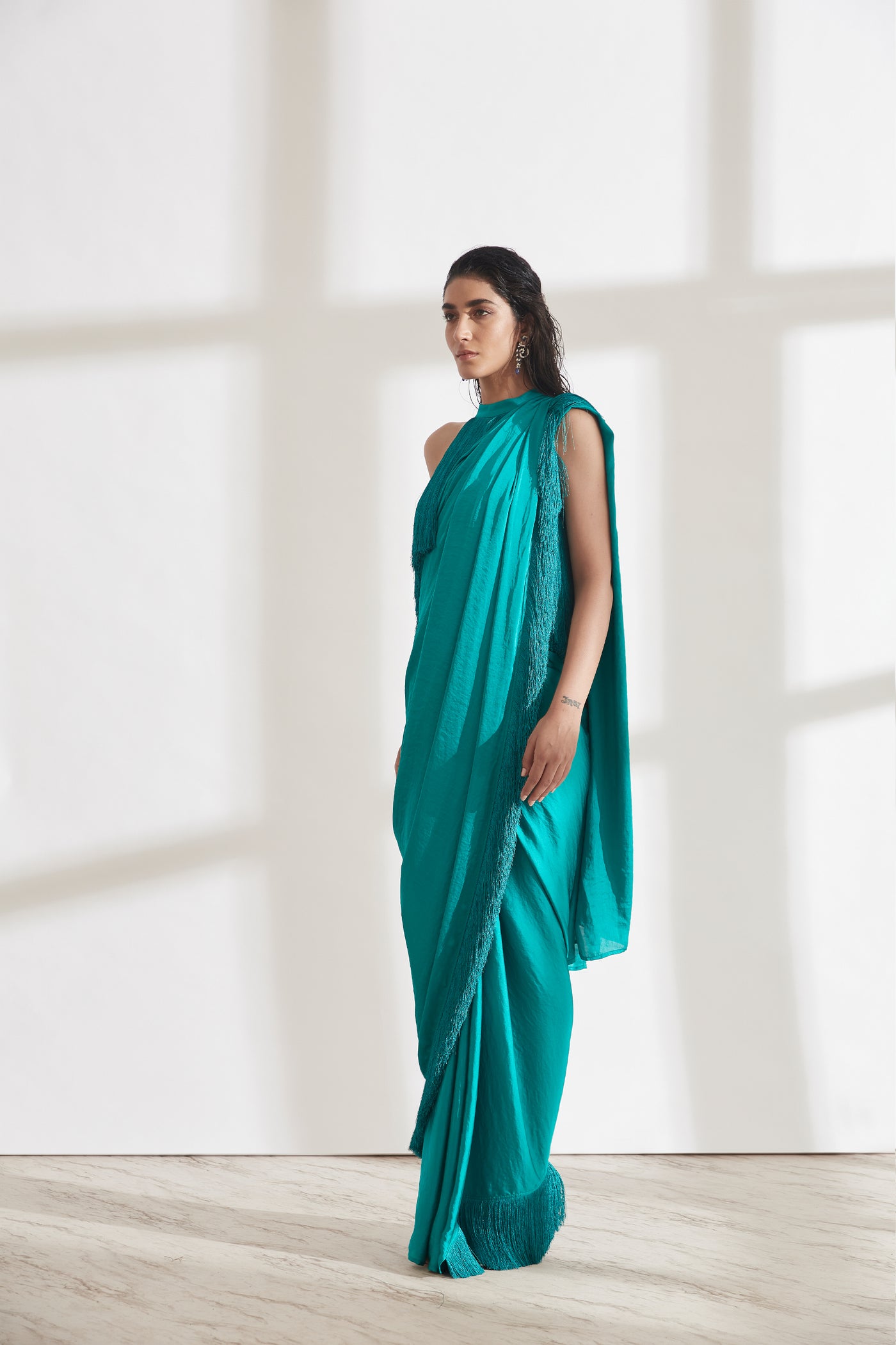 431-88 by Shweta Kapur Noor Fringe Sari with Halter Fringe Top indian designer wear online shopping melange singapore