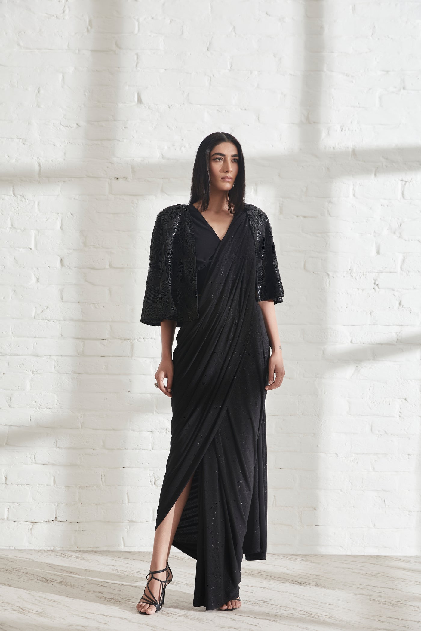 431-88 by Shweta Kapur Star Jersey Sari With Muscle Tee And Wave Cape indian designer wear online shopping melange singapore