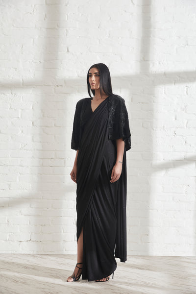 431-88 by Shweta Kapur Star Jersey Sari With Muscle Tee And Wave Cape indian designer wear online shopping melange singapore