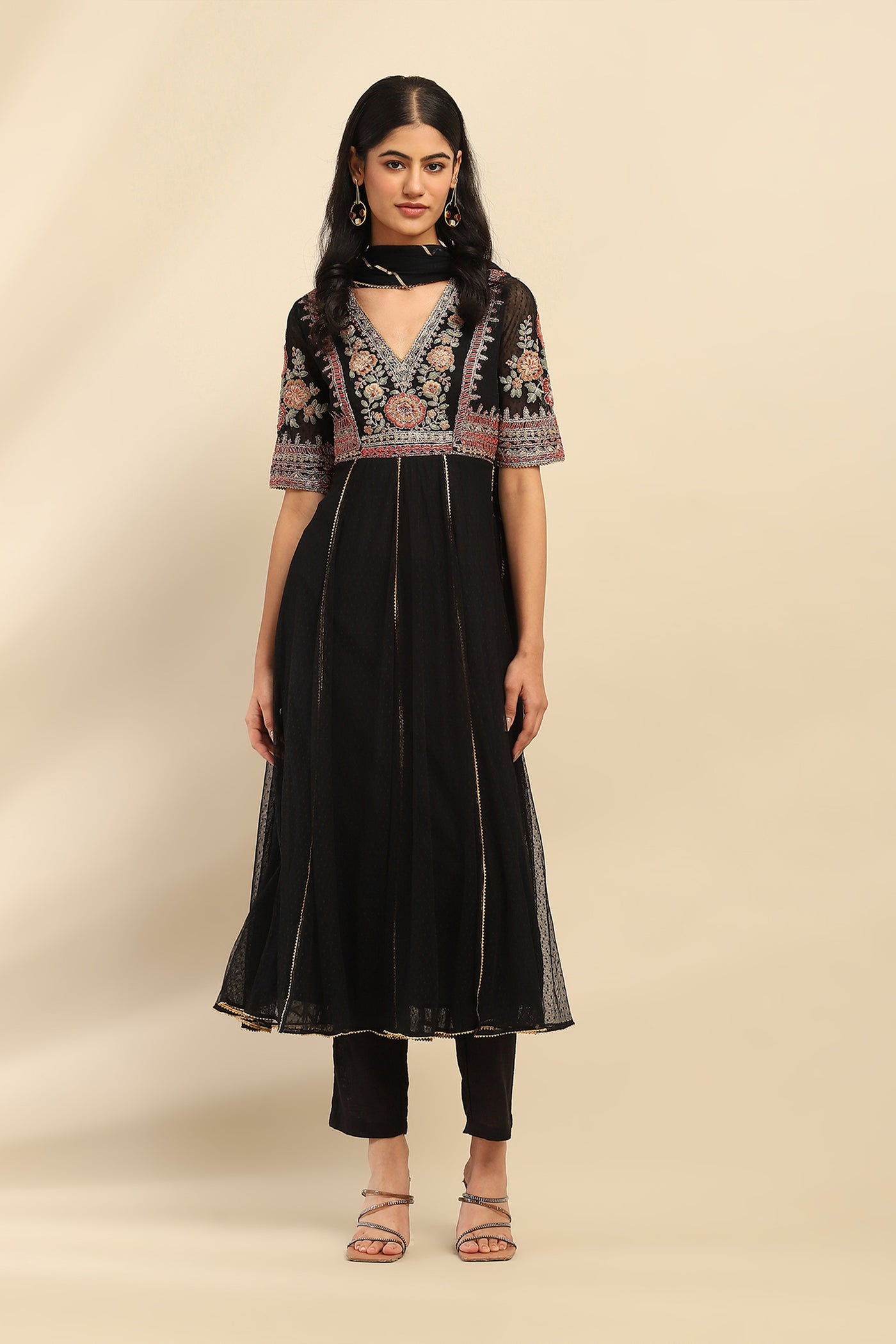 Aarke Ritu Kumar Black Adira Solid Anarkali Kurta With Pant And Dupatta indian designer wear online shopping melange singapore
