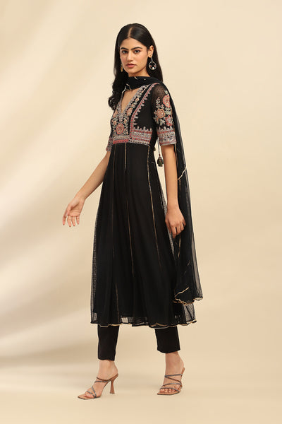 Aarke Ritu Kumar Black Adira Solid Anarkali Kurta With Pant And Dupatta indian designer wear online shopping melange singapore
