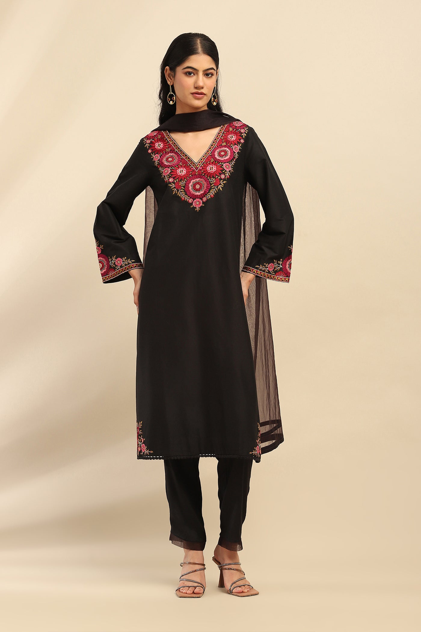 Aarke Ritu Kumar Black Flora Kurta With Pant And Dupatta indian designer wear online shopping melange singapore
