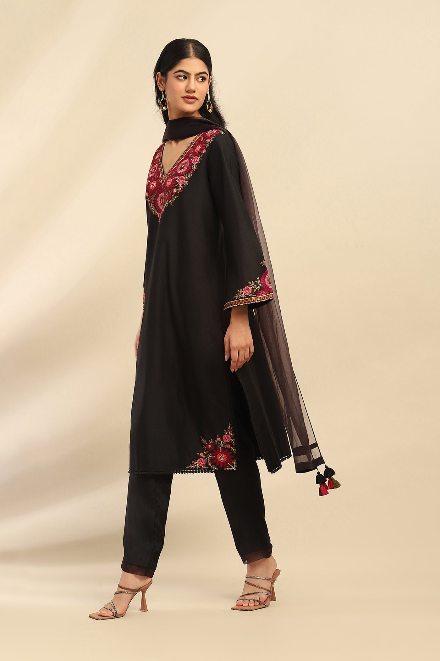 Aarke Ritu Kumar Black Flora Kurta With Pant And Dupatta indian designer wear online shopping melange singapore
