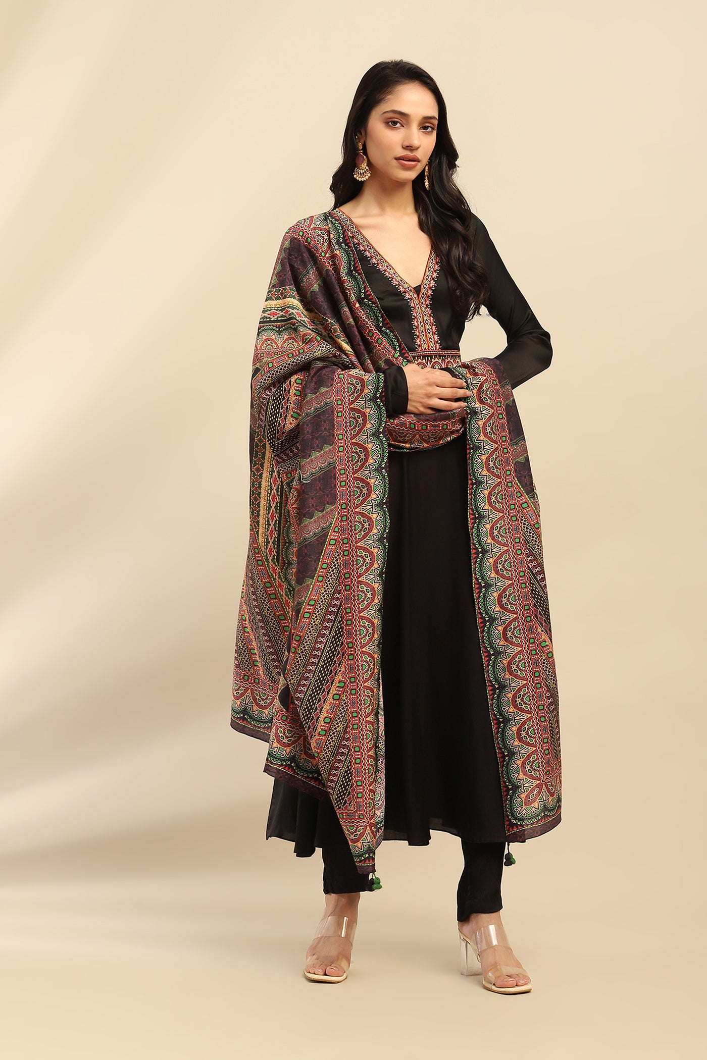 Aarke Ritu Kumar Black Moxy Anarkali Kurta With Pant And Dupatta indian designer wear online shopping melange singapore