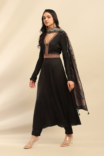 Aarke Ritu Kumar Black Moxy Anarkali Kurta With Pant And Dupatta indian designer wear online shopping melange singapore