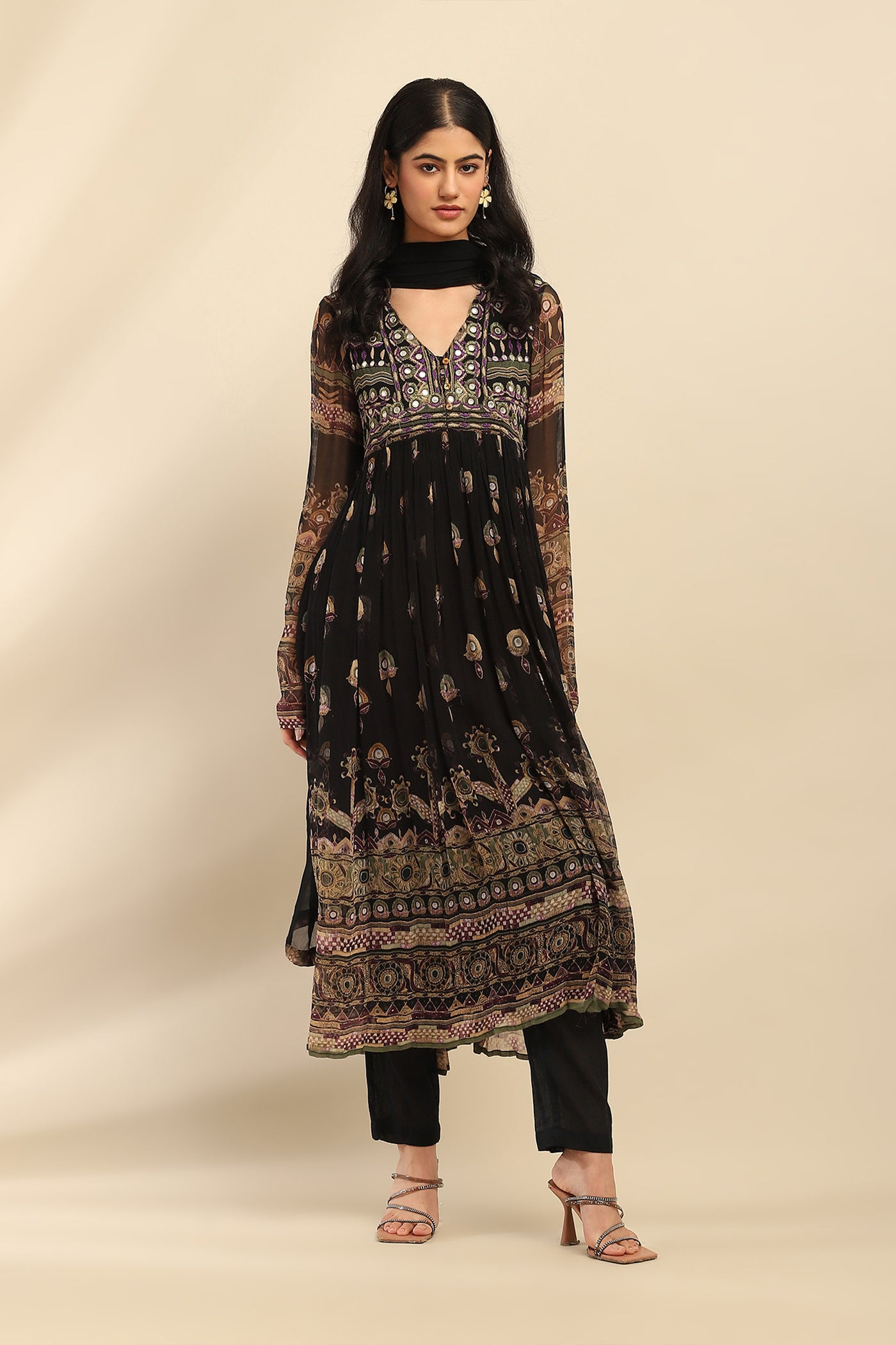 Aarke Ritu Kumar Black Tanishqa Anarkali Kurta With Pant And Dupatta indian designer wear online shopping melange singapore