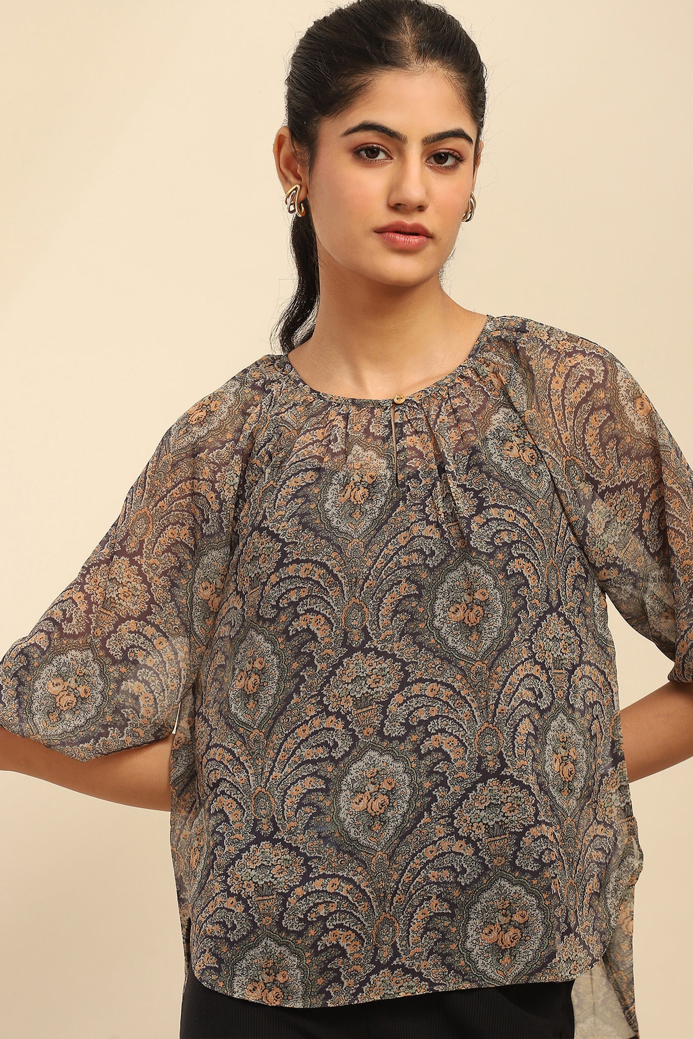 Aarke Ritu Kumar Blue Cassandra Peasant Top With Camisole indian designer wear online shopping melange singapore