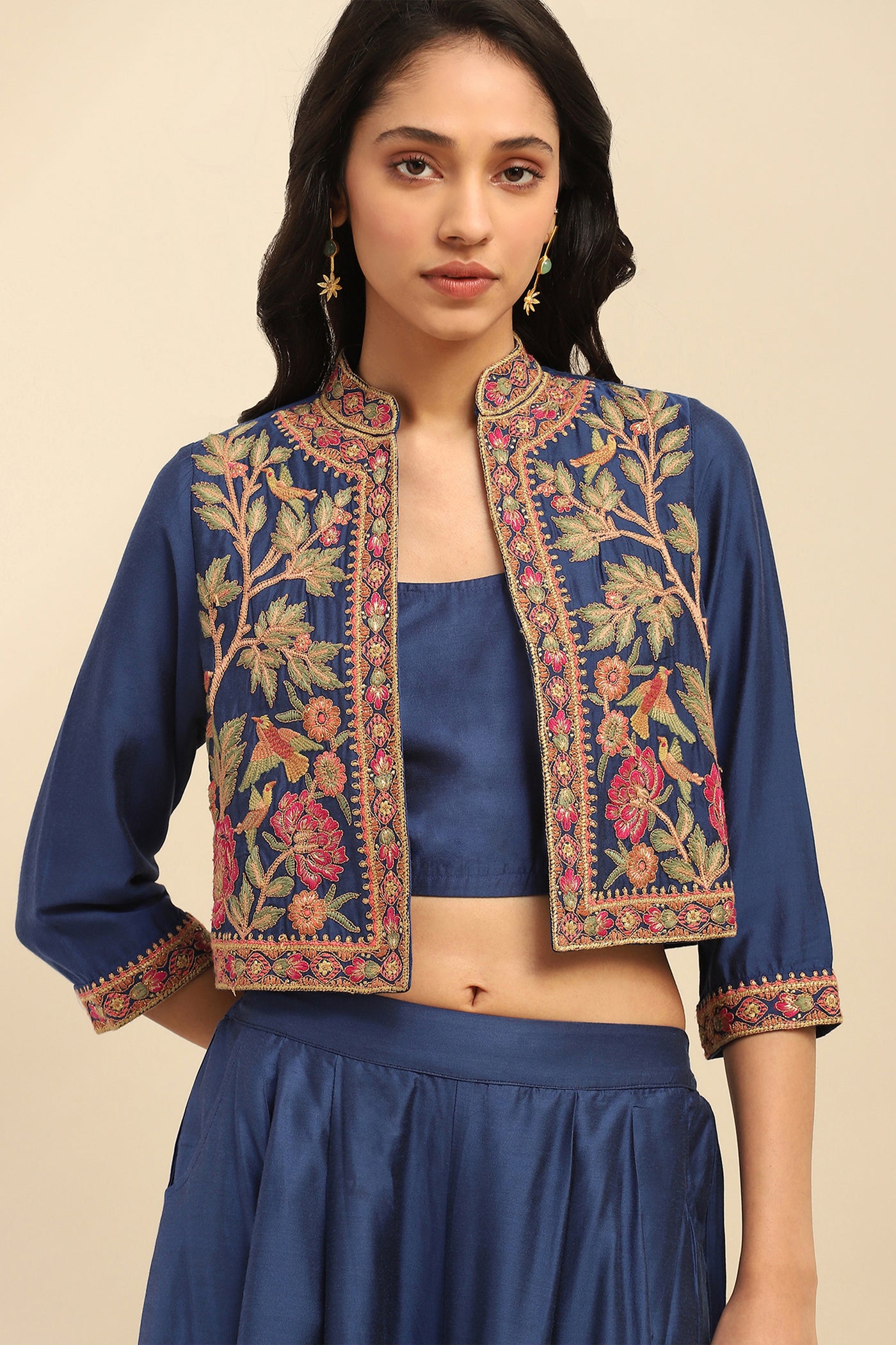 Aarke Ritu Kumar Blue Mizuki Jacket With Bustier And Palazzo Co-Ord Set indian designer wear online shopping melange singapore