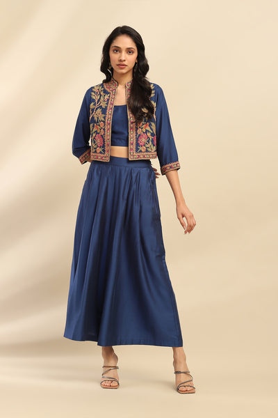 Aarke Ritu Kumar Blue Mizuki Jacket With Bustier And Palazzo Co-Ord Set indian designer wear online shopping melange singapore