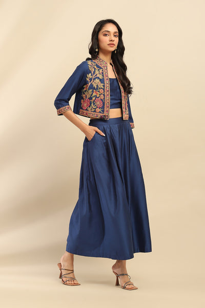 Aarke Ritu Kumar Blue Mizuki Jacket With Bustier And Palazzo Co-Ord Set indian designer wear online shopping melange singapore