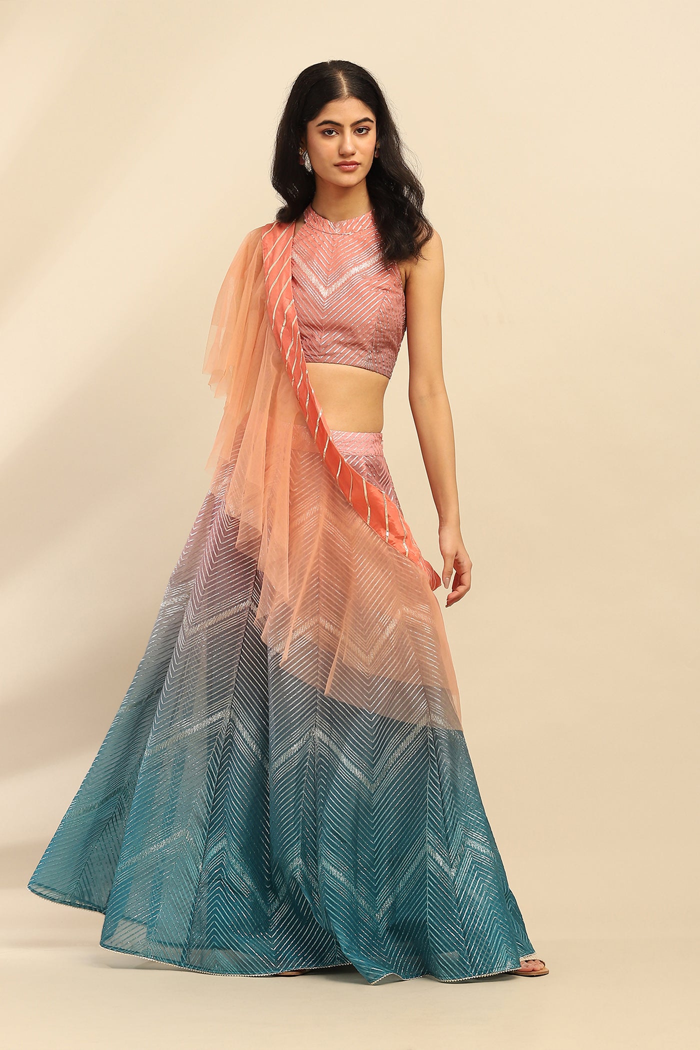 Aarke Ritu Kumar Blue And Pink Gota Festive Lehenga With Blouse And Dupatta indian designer wear online shopping melange singapore