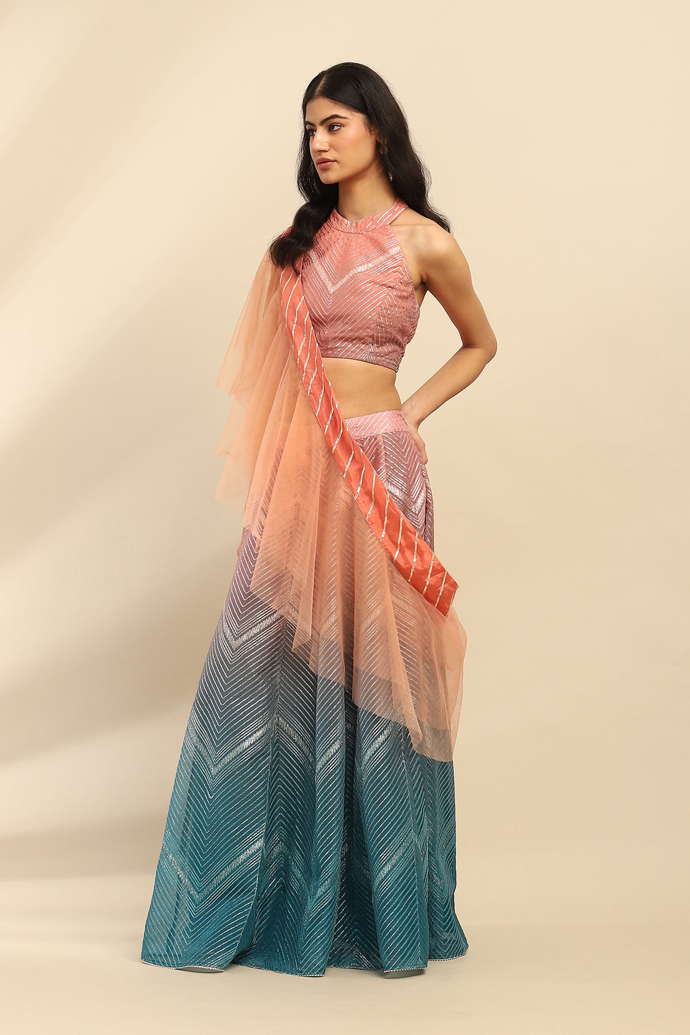 Aarke Ritu Kumar Blue And Pink Gota Festive Lehenga With Blouse And Dupatta indian designer wear online shopping melange singapore