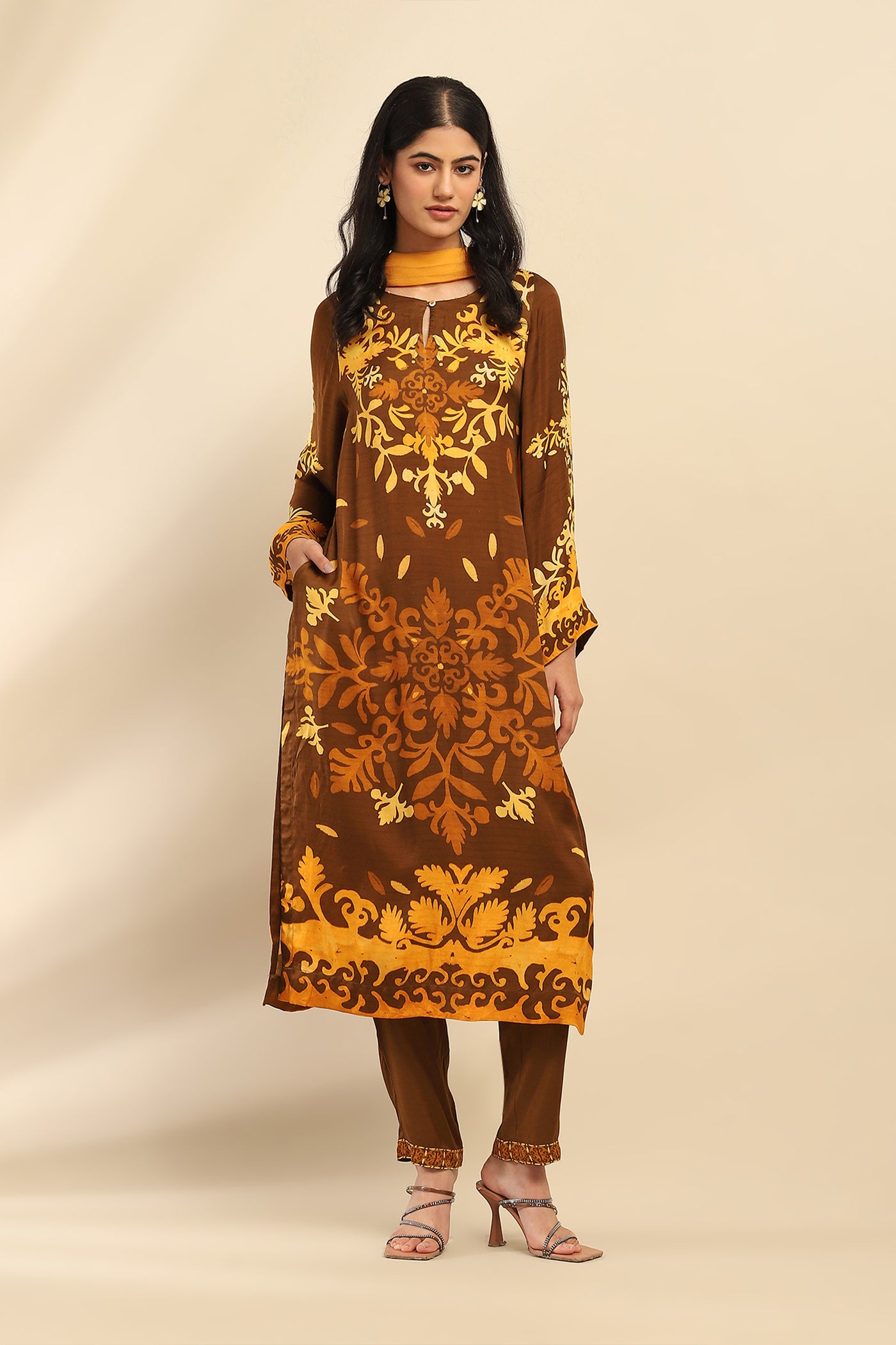 Aarke Ritu Kumar Brown Maple Kurta With Pant And Dupatta indian designer wear online shopping melange singapore