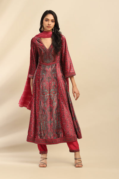 Aarke Ritu Kumar Deep Pink Aaira Velvet Anarkali Kurta With Churidar And Dupatta indian designer wear online shopping melange singapore