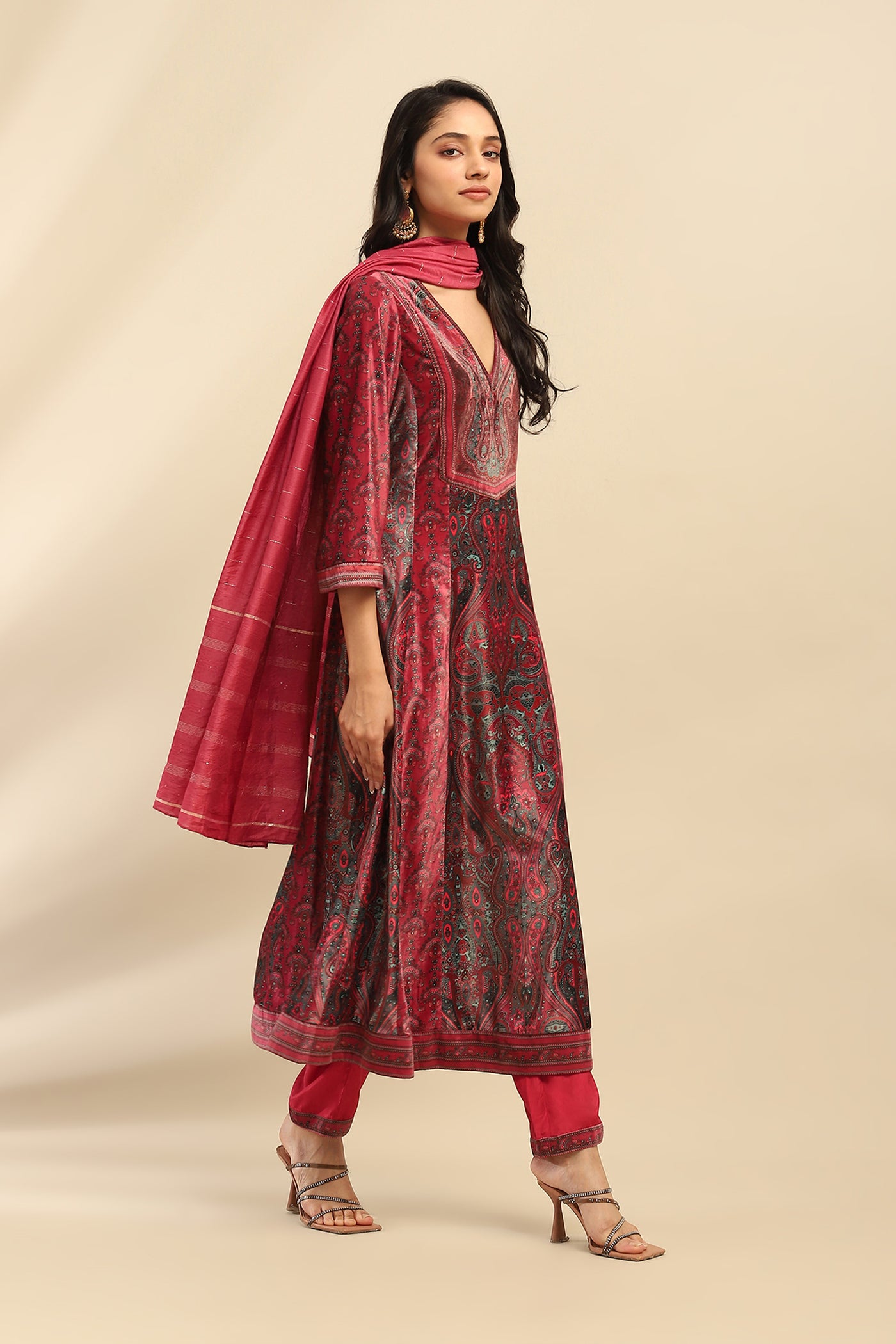 Aarke Ritu Kumar Deep Pink Aaira Velvet Anarkali Kurta With Churidar And Dupatta indian designer wear online shopping melange singapore