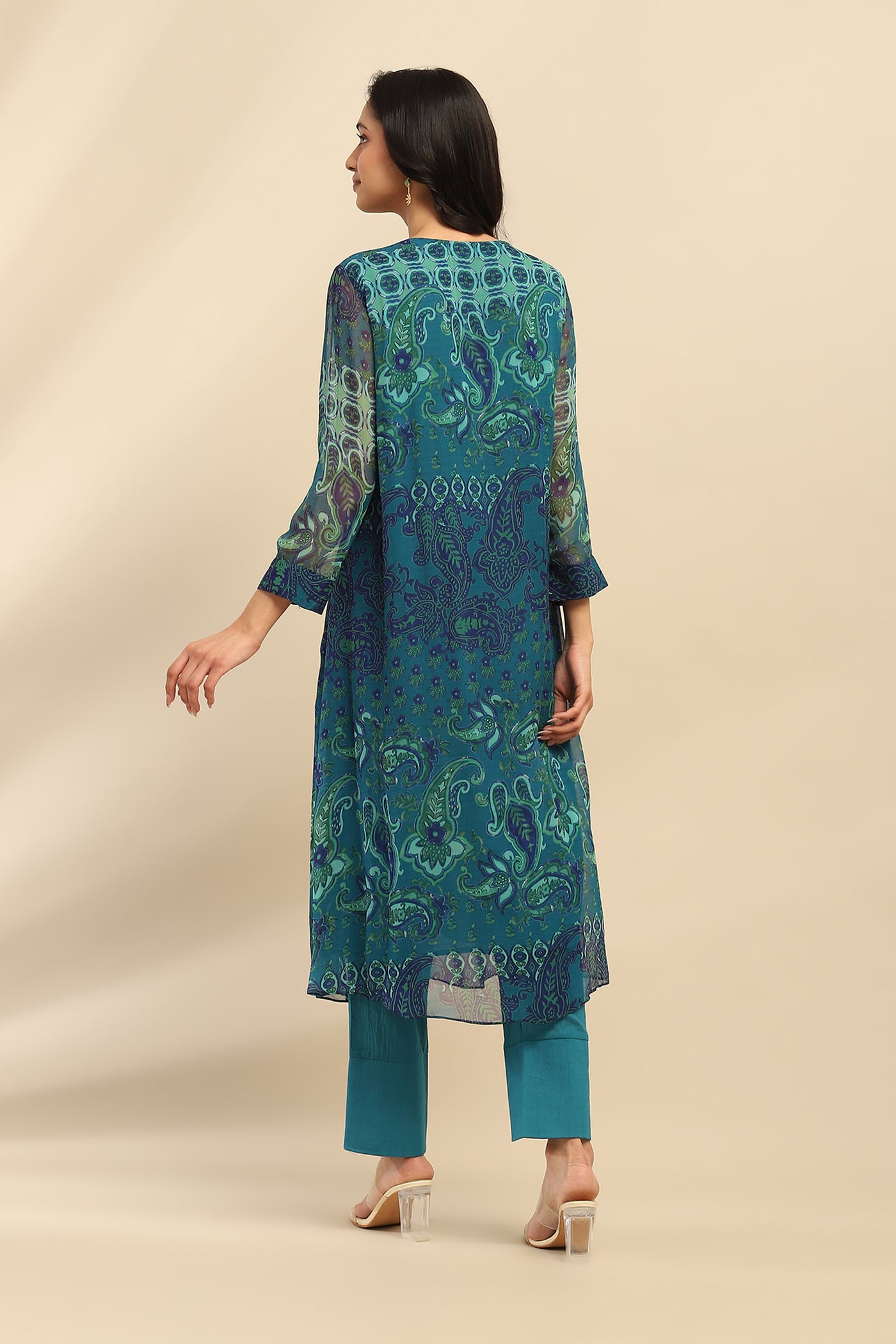 Aarke Ritu Kumar Denim Blue Cashmere Kurta With Pant And Dupatta indian designer wear online shopping melange singapore