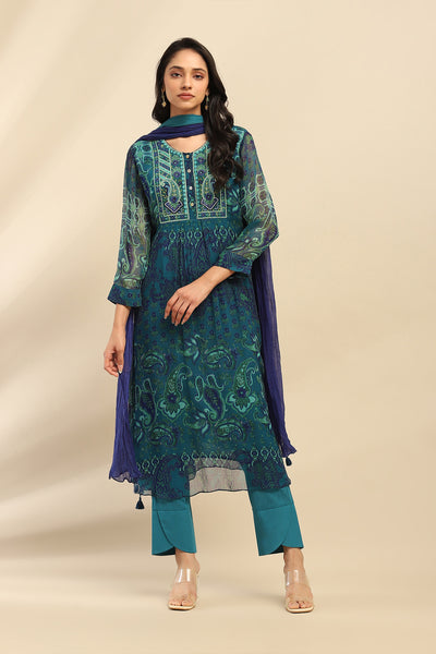 Aarke Ritu Kumar Denim Blue Cashmere Kurta With Pant And Dupatta indian designer wear online shopping melange singapore