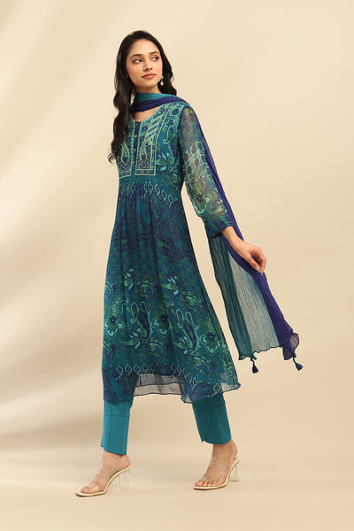 Aarke Ritu Kumar Denim Blue Cashmere Kurta With Pant And Dupatta indian designer wear online shopping melange singapore