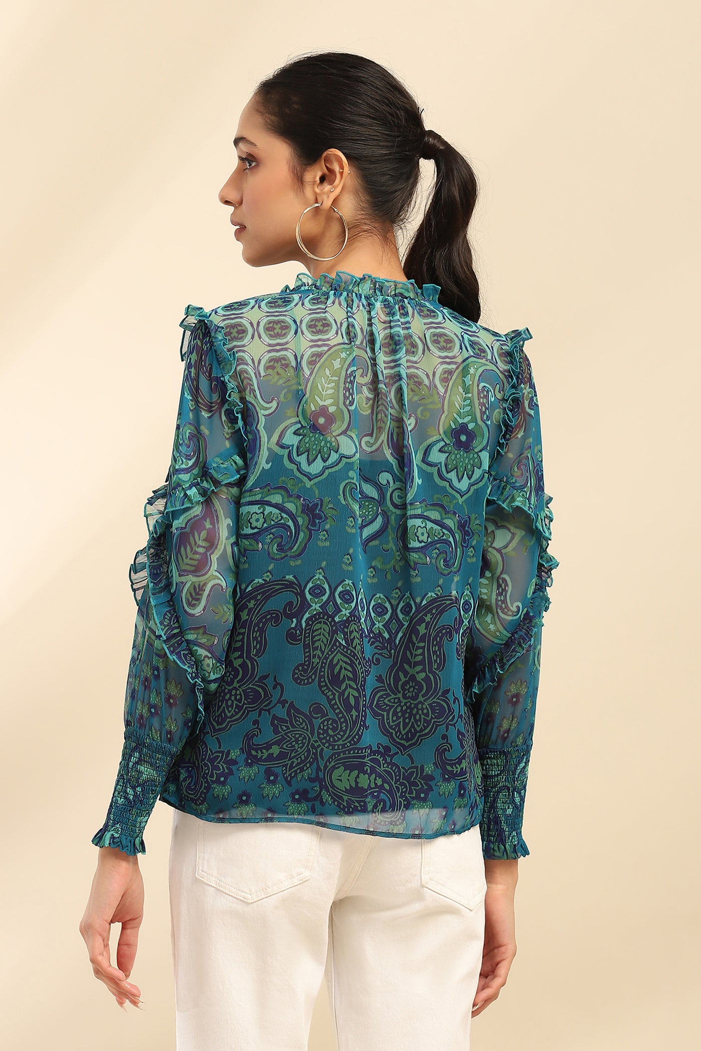 Aarke Ritu Kumar Denim Blue Cashmere Peasant Top With Camisole indian designer wear online shopping melange singapore