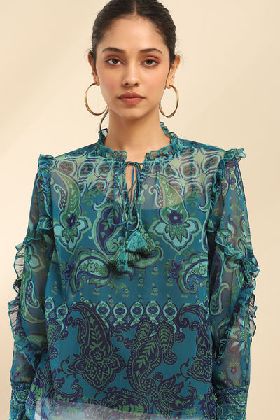 Aarke Ritu Kumar Denim Blue Cashmere Peasant Top With Camisole indian designer wear online shopping melange singapore