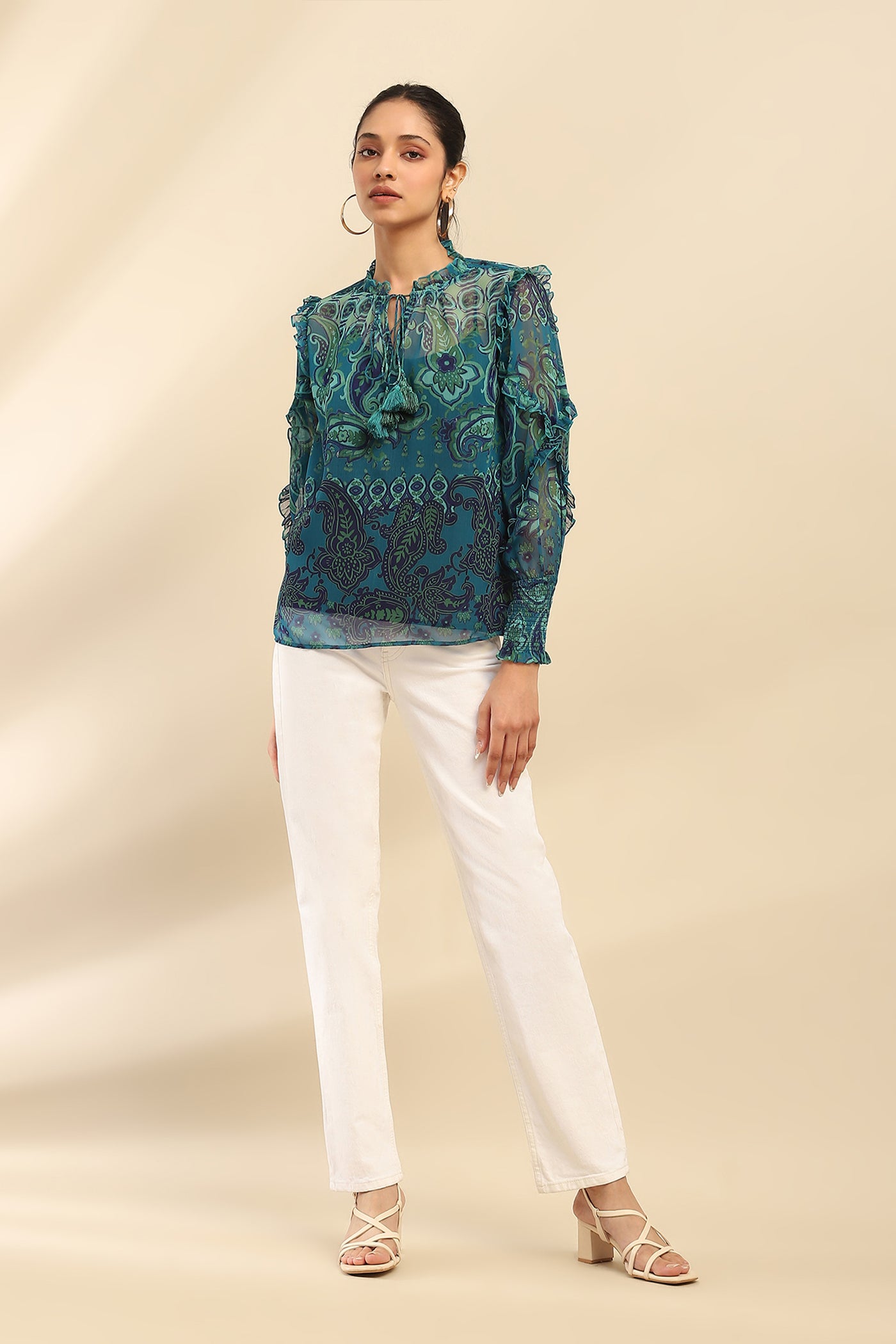 Aarke Ritu Kumar Denim Blue Cashmere Peasant Top With Camisole indian designer wear online shopping melange singapore