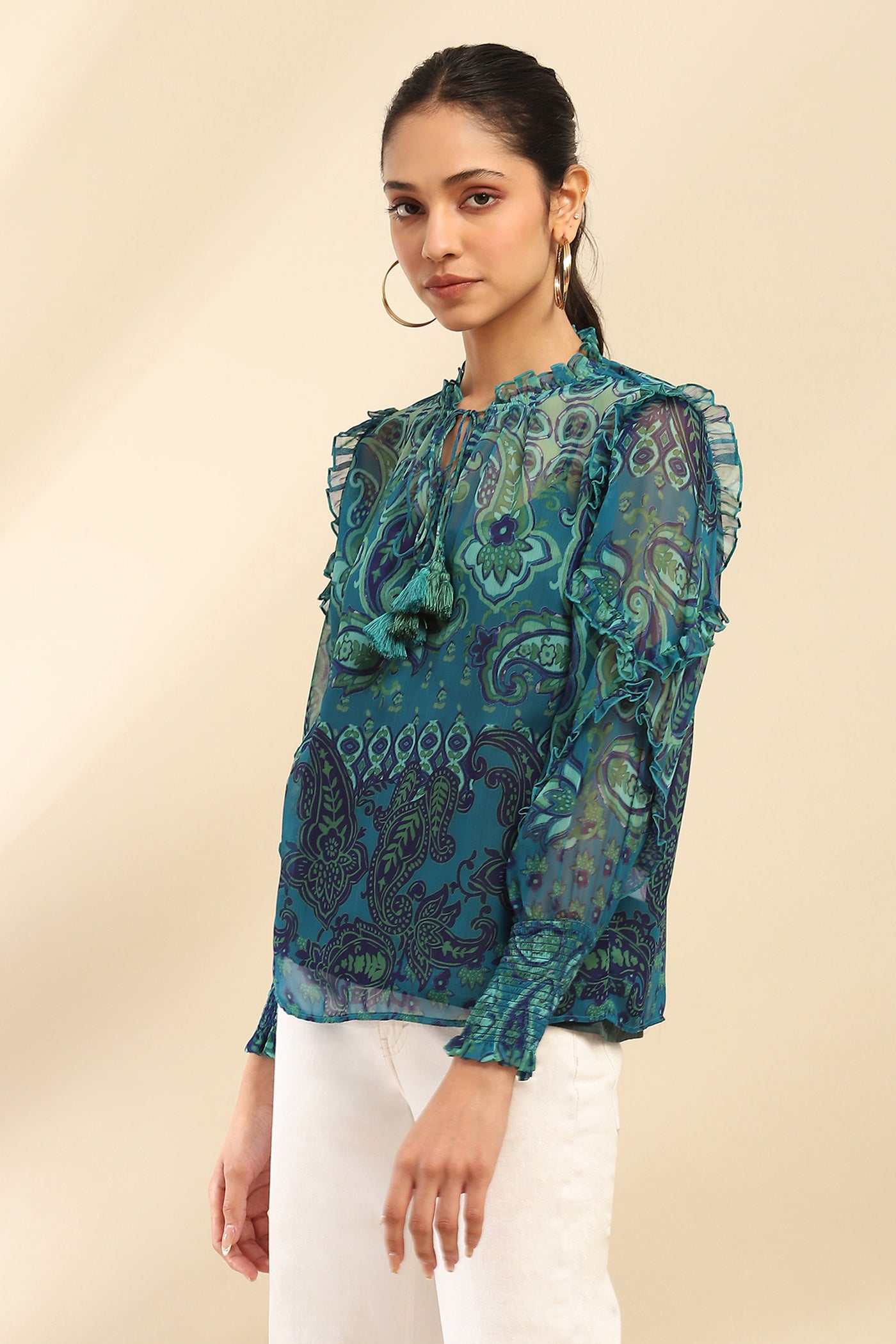 Aarke Ritu Kumar Denim Blue Cashmere Peasant Top With Camisole indian designer wear online shopping melange singapore