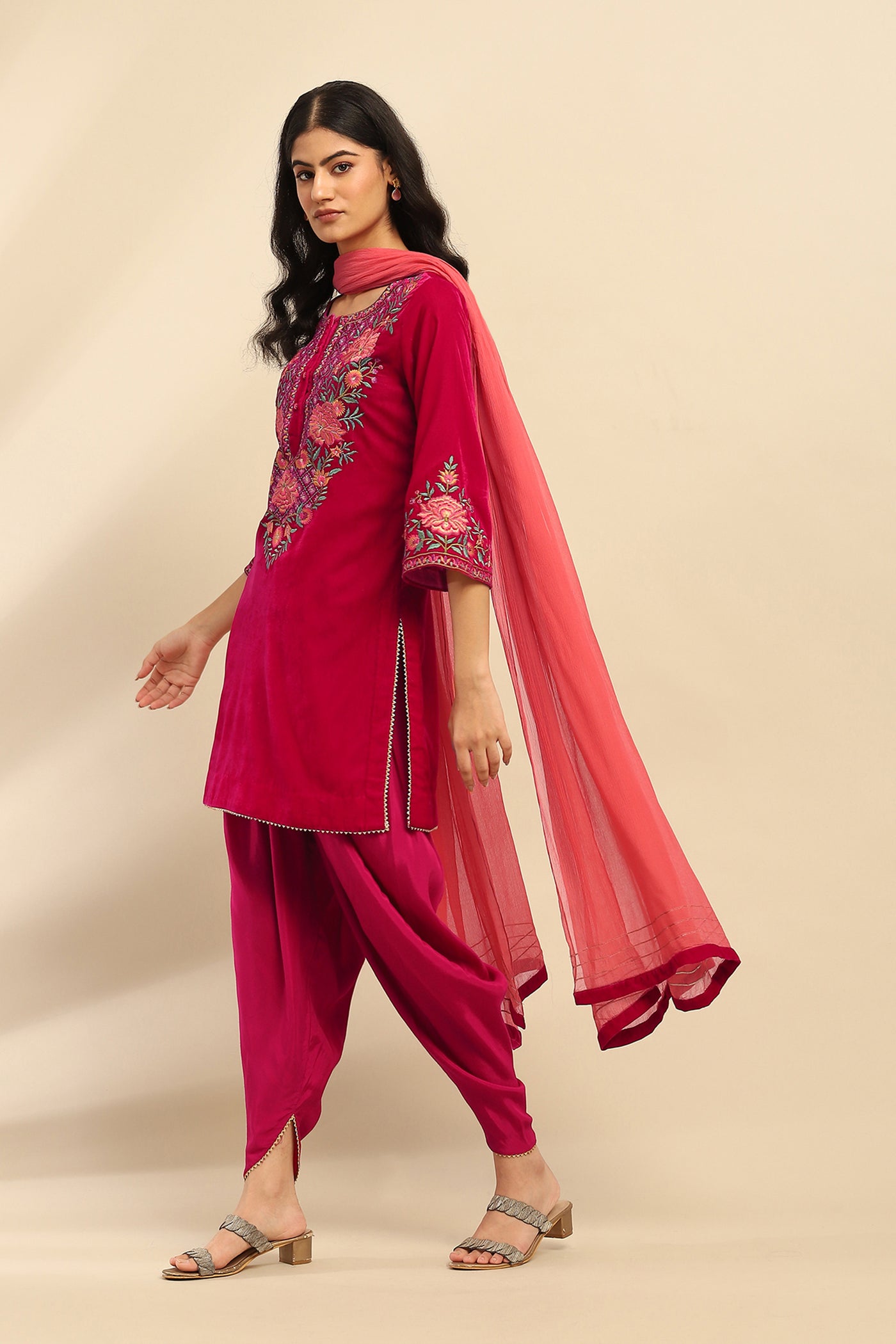 Aarke Ritu Kumar Fuchsia Rania Velvet Kurta With Salwar And Dupatta indian designer wear online shopping melange singapore