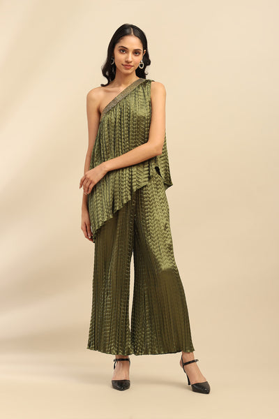 Aarke Ritu Kumar Green Delphia Solid Top With Palazzo Co-Ord Set indian designer wear online shopping melange singapore