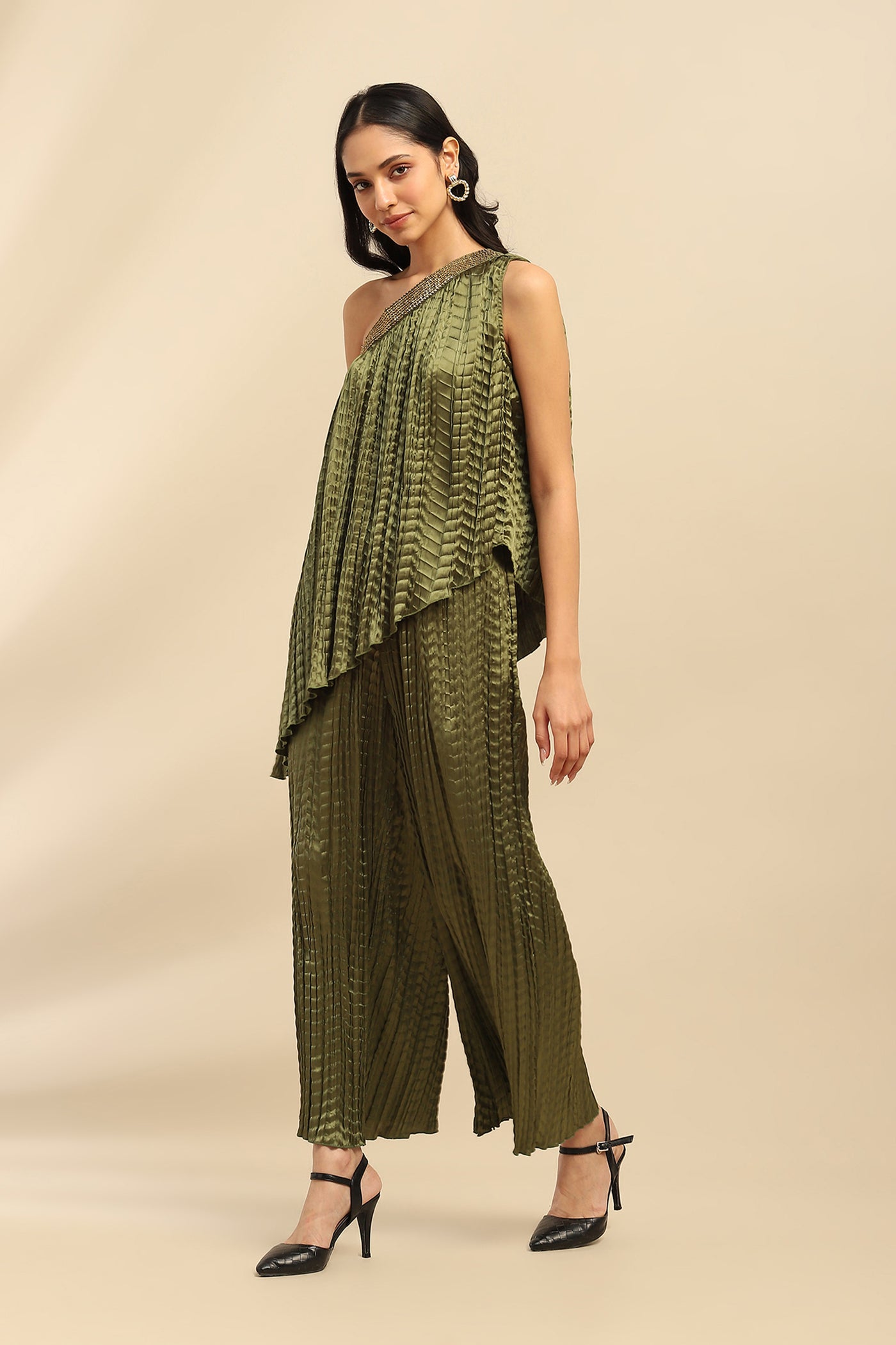 Aarke Ritu Kumar Green Delphia Solid Top With Palazzo Co-Ord Set indian designer wear online shopping melange singapore