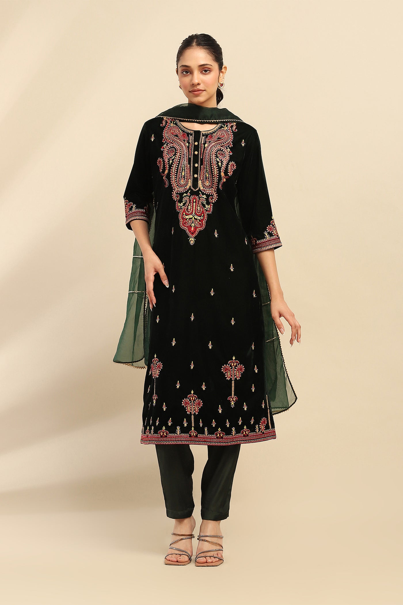 Aarke Ritu Kumar Green Gianna Velvet Kurta With Pant And Dupatta indian designer wear online shopping melange singapore