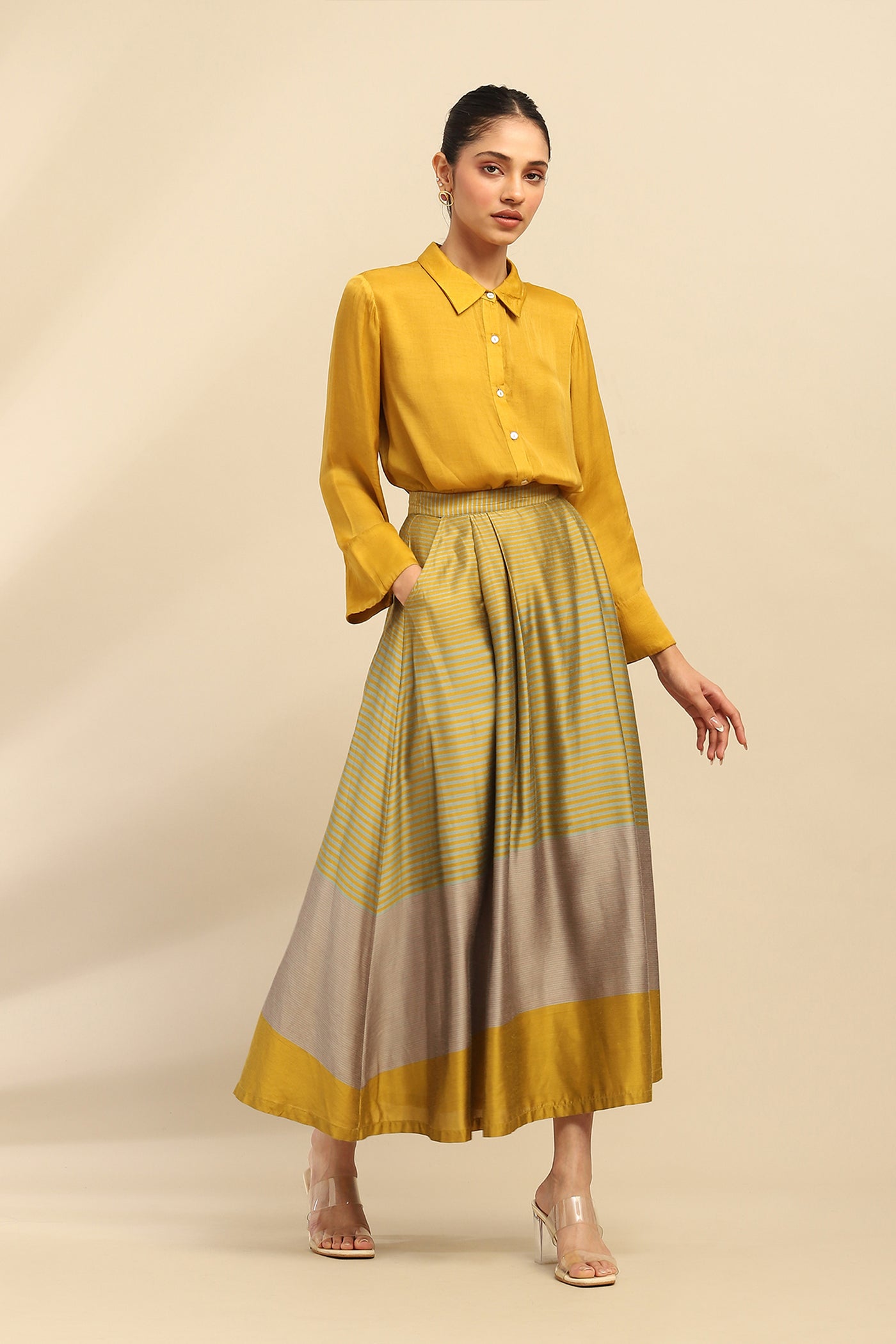 Aarke Ritu Kumar Lime Green Camellia Shirt With Skirt Co-Ord Set indian designer wear online shopping melange singapore