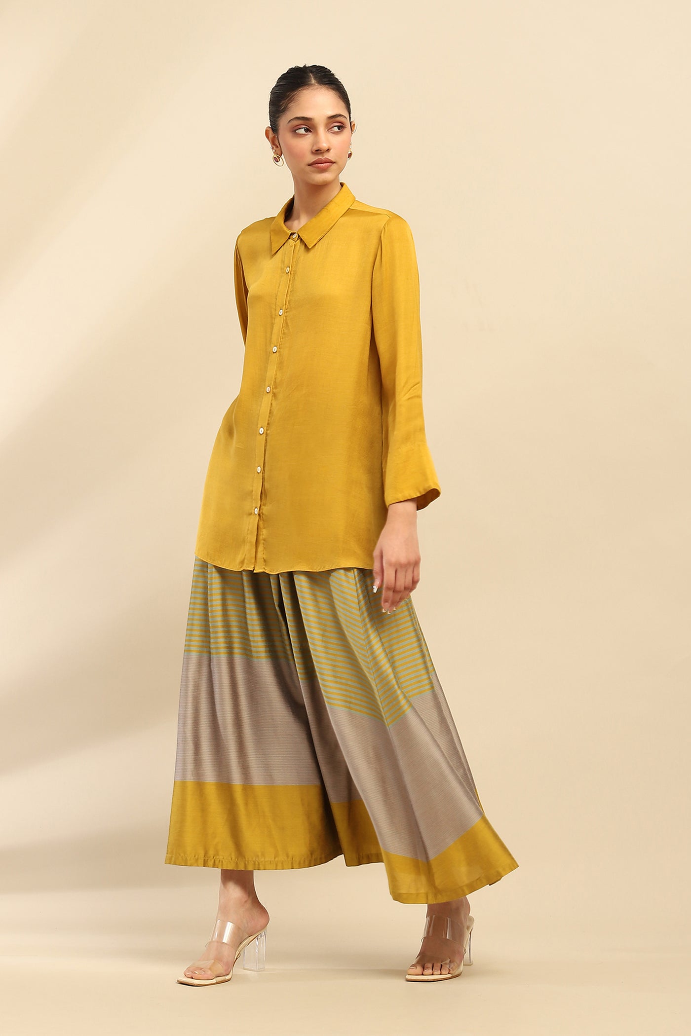 Aarke Ritu Kumar Lime Green Camellia Shirt With Skirt Co-Ord Set indian designer wear online shopping melange singapore