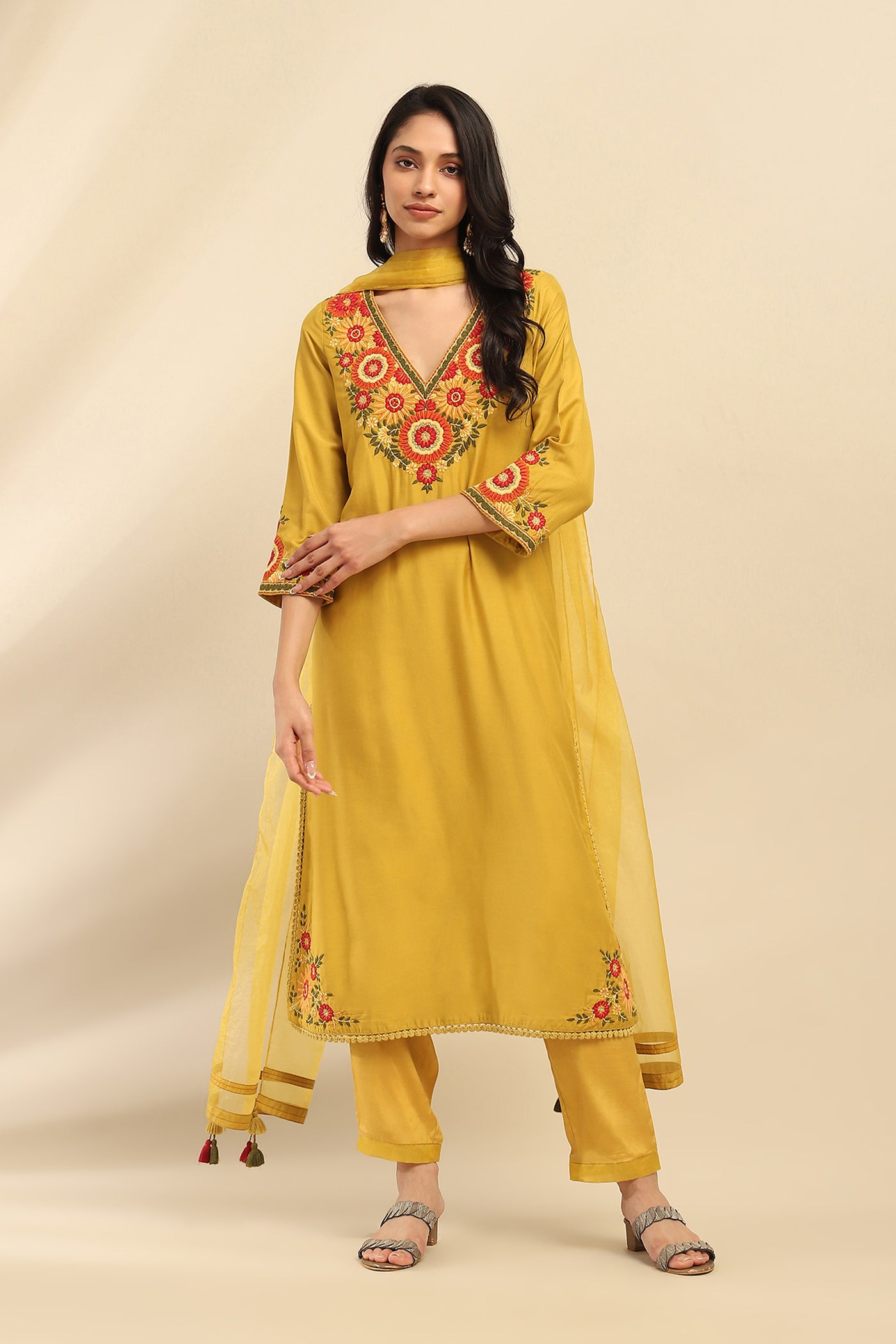 Aarke Ritu Kumar Lime Green Flora Kurta With Pant And Dupatta indian designer wear online shopping melange singapore