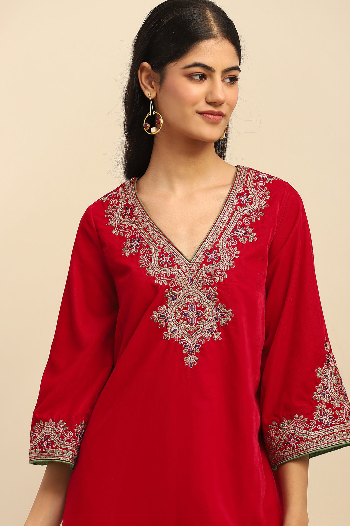 Aarke Ritu Kumar Magenta Roobab Velvet Kurta With Churidar And Dupatta indian designer wear online shopping melange singapore